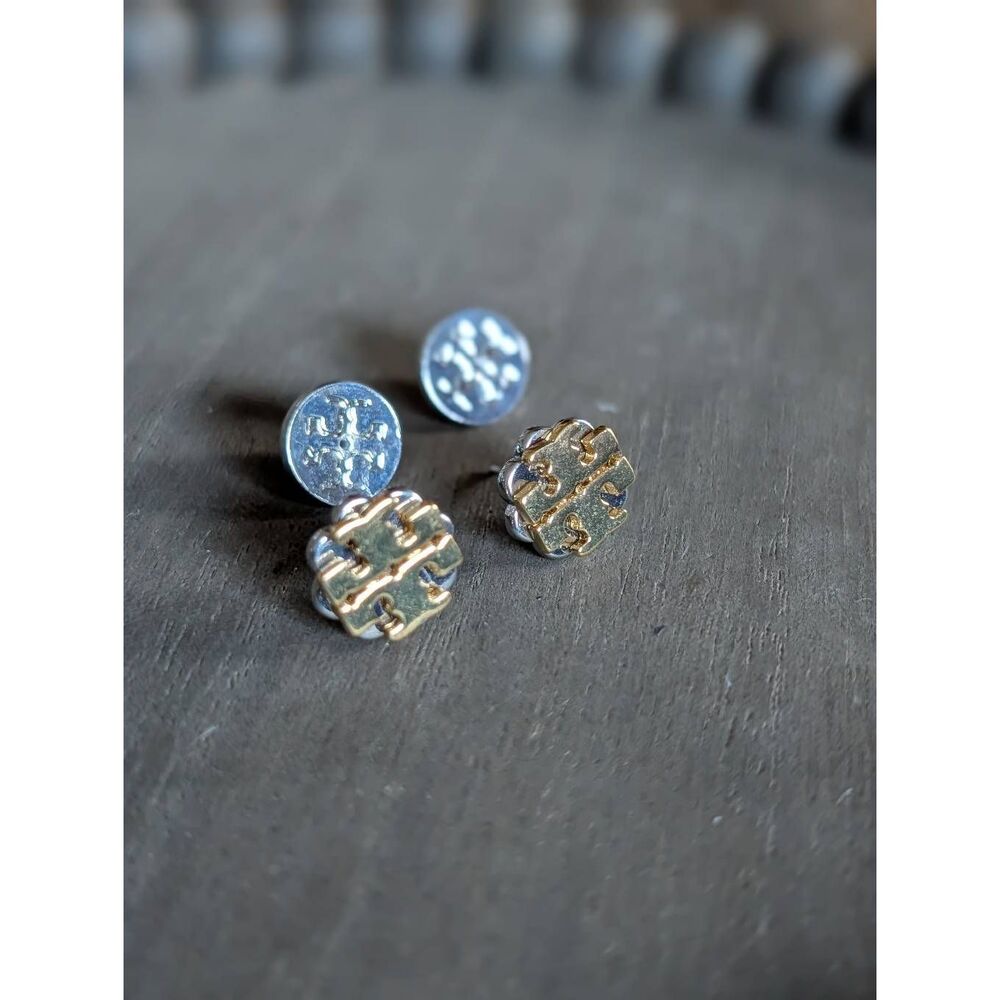 TORY BURCH Gold Silver Two Tone Double T Logo Flower Stud Earrings - Picture 3 of 3